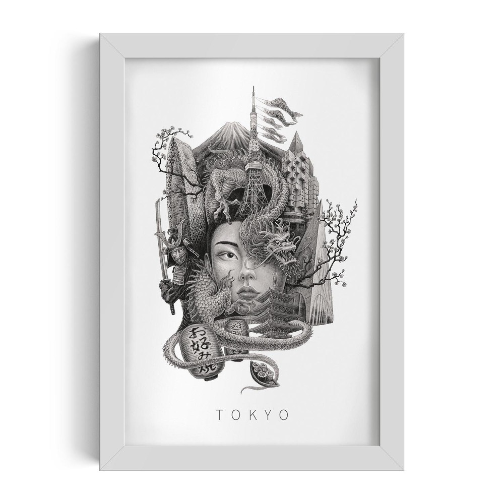 Tablou cu rama alba Tokyo Alb-Negru