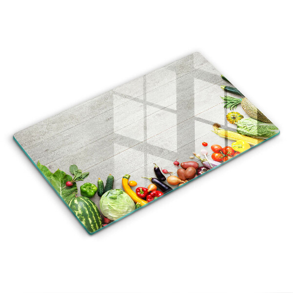 Tocător din sticlă decorativ Legume pe scânduri