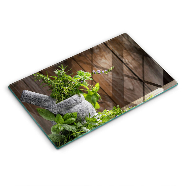 Tocător din sticlă decorativ Plante, ierburi și lemn