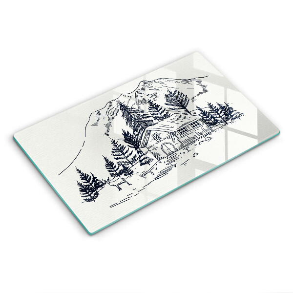 Tocător din sticlă decorativ Desenul unei case la munte