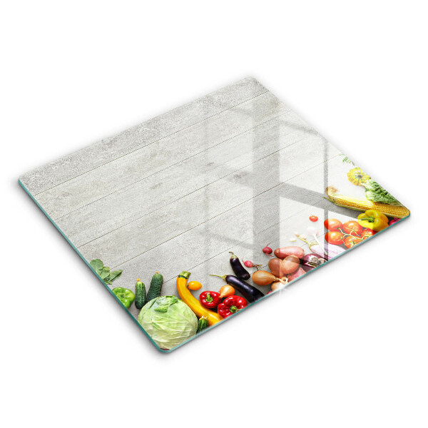 Tocător sticlă modern Legume pe scânduri 60x52 cm