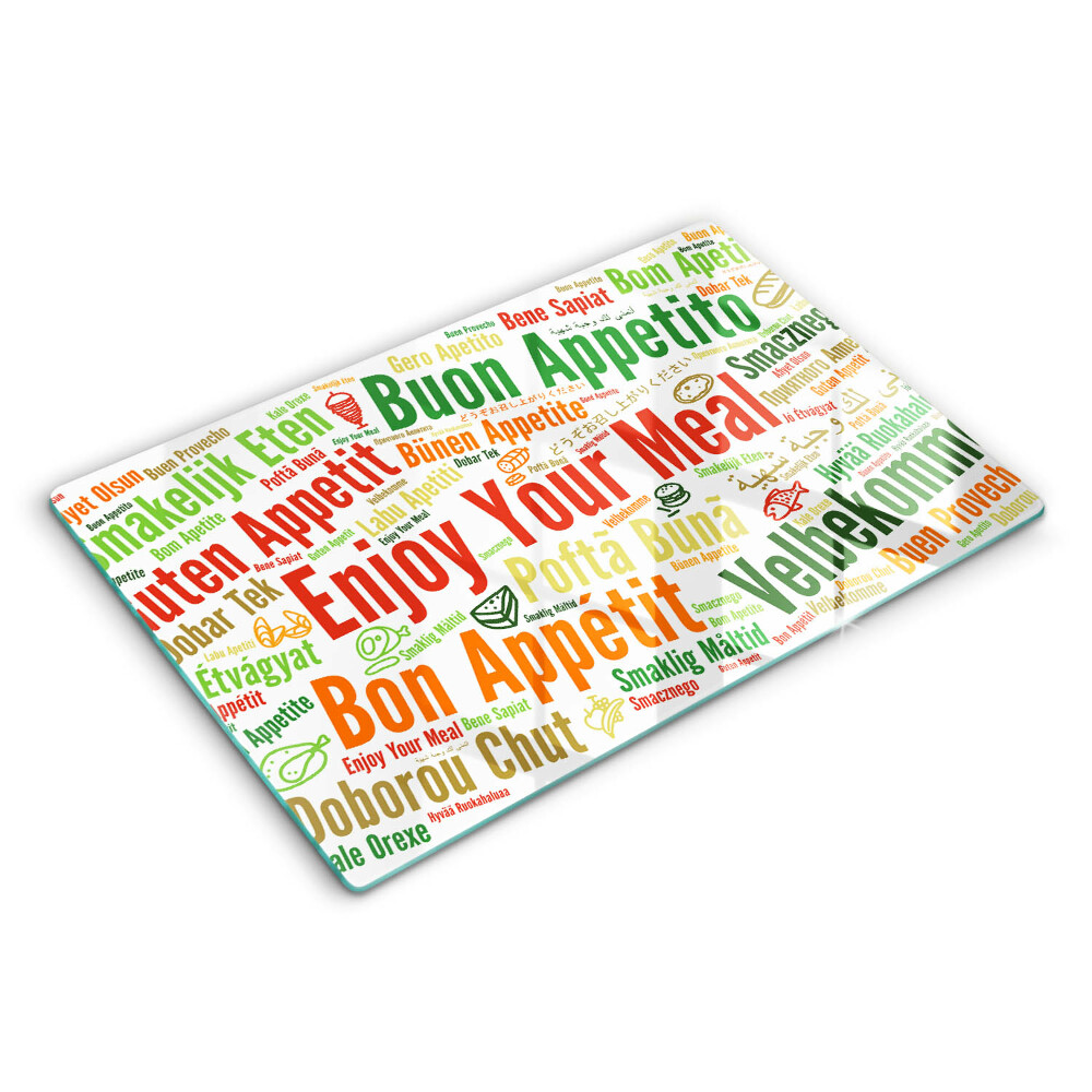 Tocător sticlă modern Limbi subtitrări Bon appétit 80x52 cm