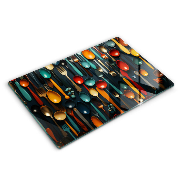 Tocător din sticlă modern Linguri și furculițe colorate 80x52 cm