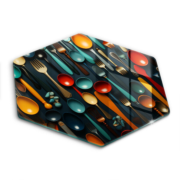 Tocător sticlă hexagonal Linguri și furculițe colorate