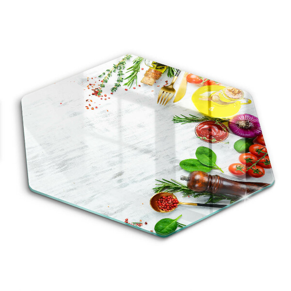 Tocător din sticlă hexagonal Legume și condimente