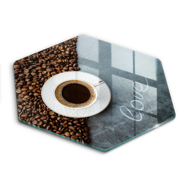 Tocător sticlă hexagonal Boabe de cafea și o ceașcă
