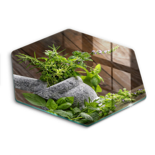 Tocător din sticlă hexagonal Plante, ierburi și lemn