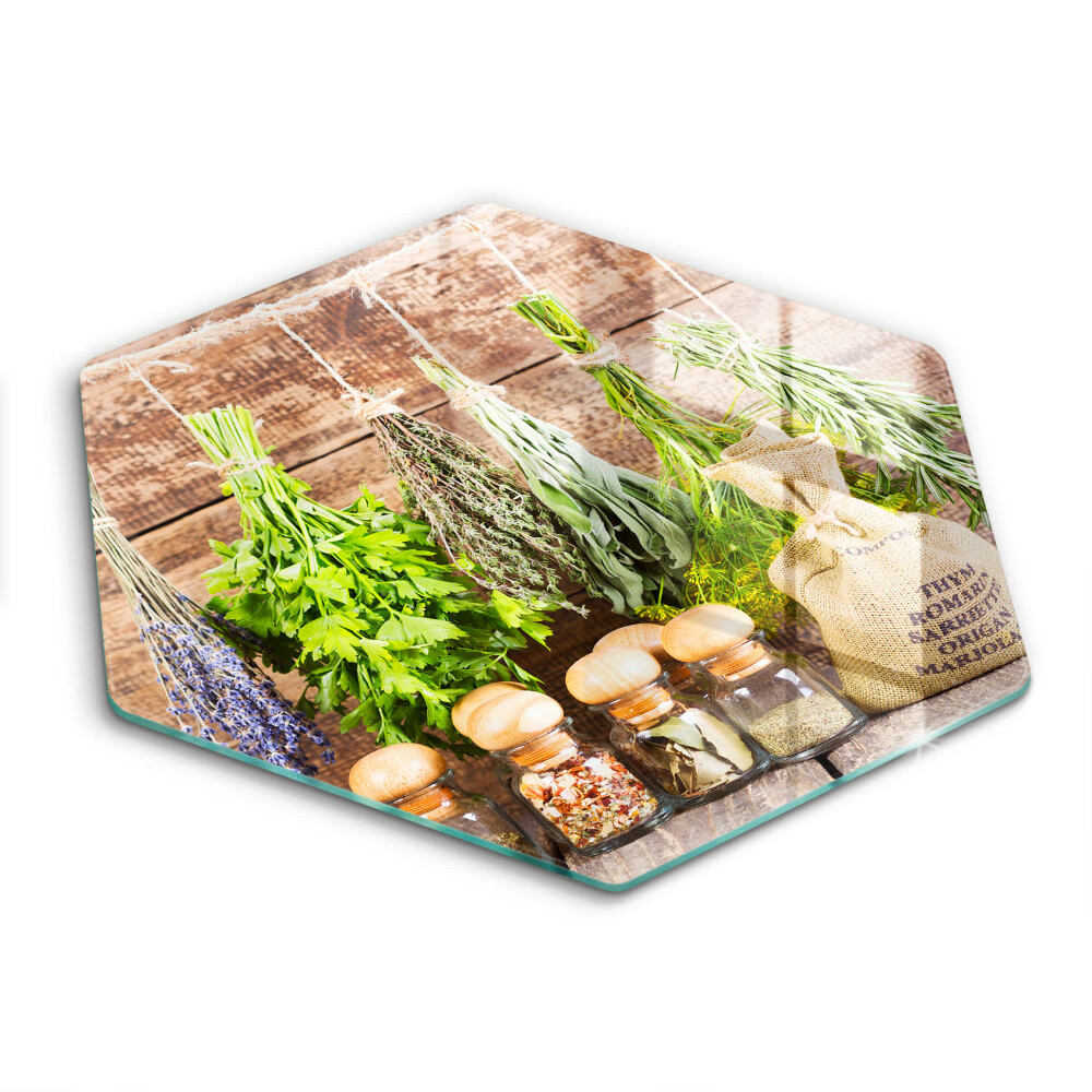 Tocător din sticlă hexagonal Ierburi, condimente și lemn