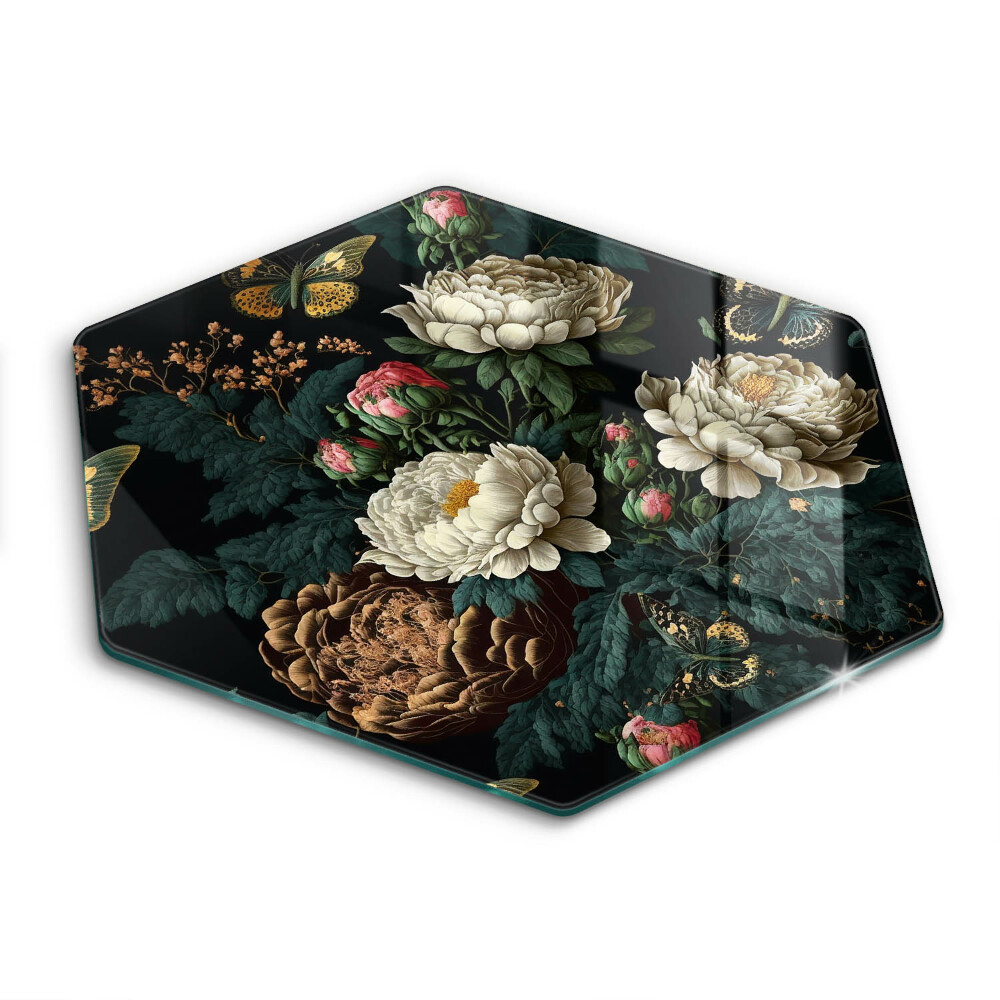 Tocător sticlă hexagonal Flori de bujor vintage