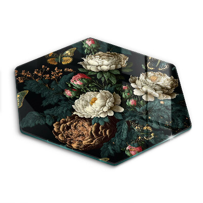 Tocător sticlă hexagonal Flori de bujor vintage