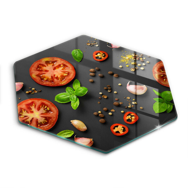 Tocător sticlă hexagonal Roșii și condimente