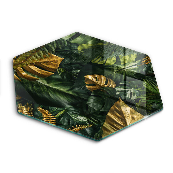 Tocător din sticlă hexagonal Frunze de Monstera aurie