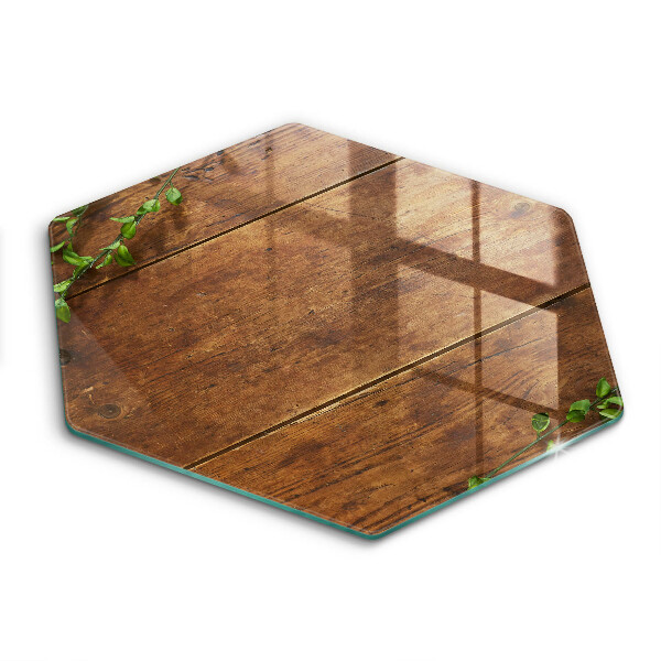 Tocător din sticlă hexagonal Scânduri de lemn și frunze