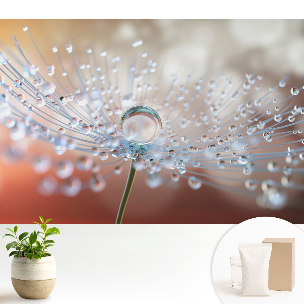 O picătură transparentă pe firele păpădiei