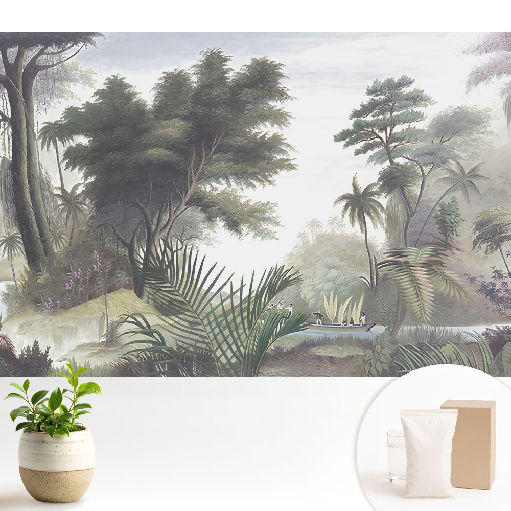 Junglă luxuriantă cu o barcă pe râu