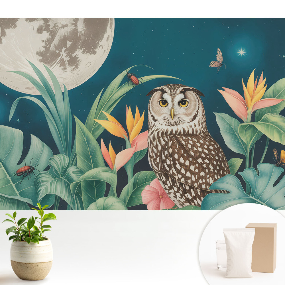 Peisaj nocturn cu o bufniță și lună