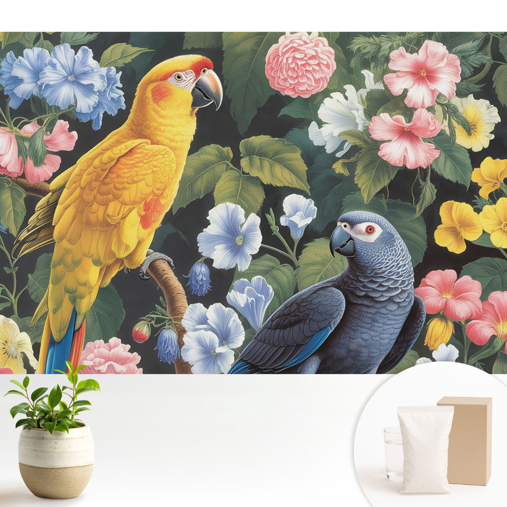 Păsări tropicale colorate printre flori