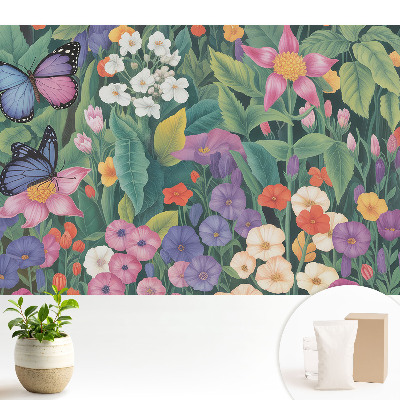 O pajiște colorată, plină de flori și fluturi.