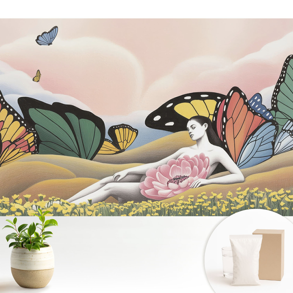 Femeie de luncă cu fluturi colorați