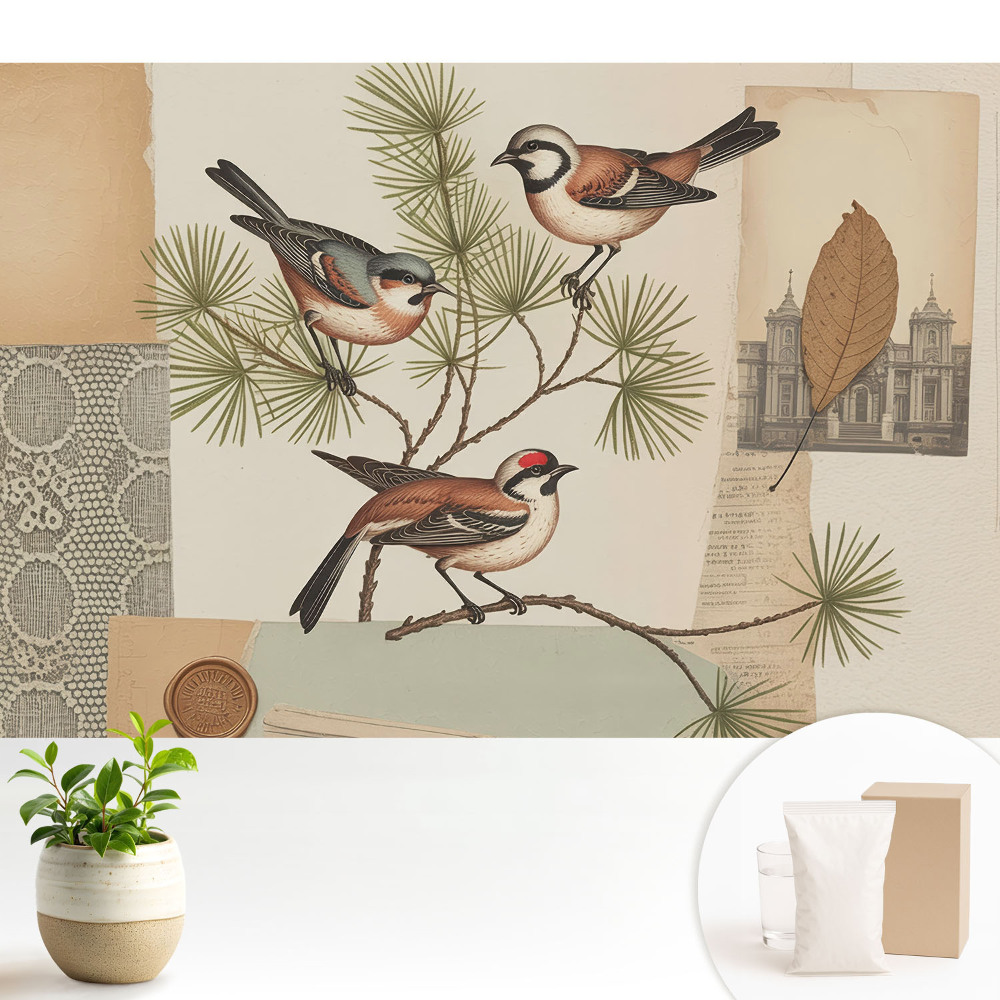 Păsări pe o ramură colaj vintage