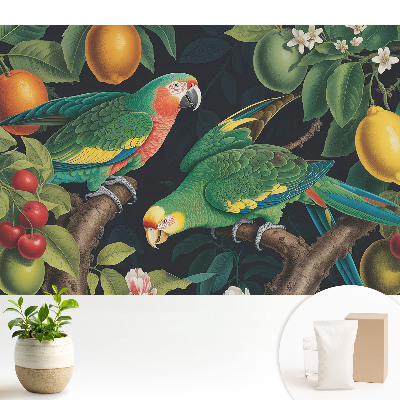 Motiv exotic cu papagali și fructe