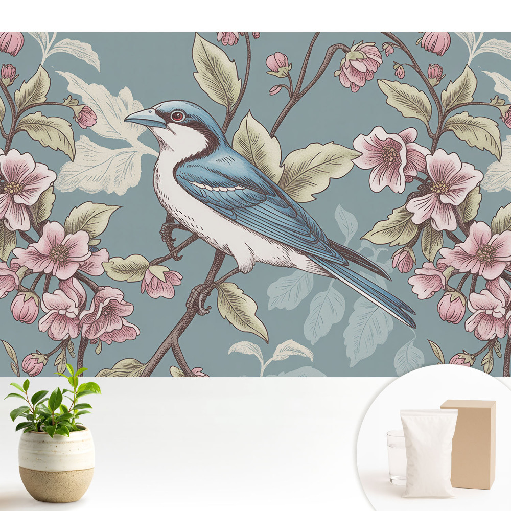 O pasăre și crengi de cireș înflorite