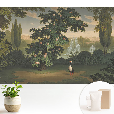 O grădină pitorească cu un copac și o pasăre