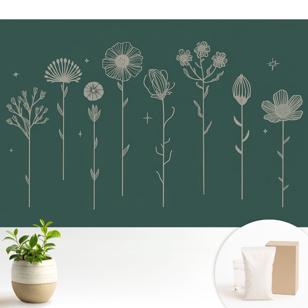 Motive florale minimaliste pe fundal verde