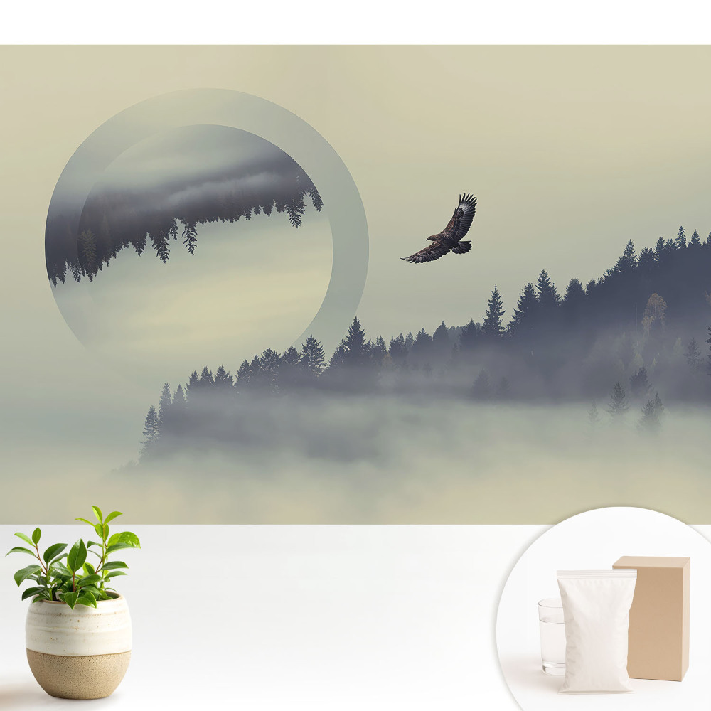 O pasăre maiestuoasă printre copacii învăluiți în ceață