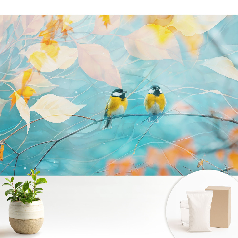 Păsări pe o creangă cu accente de frunze.