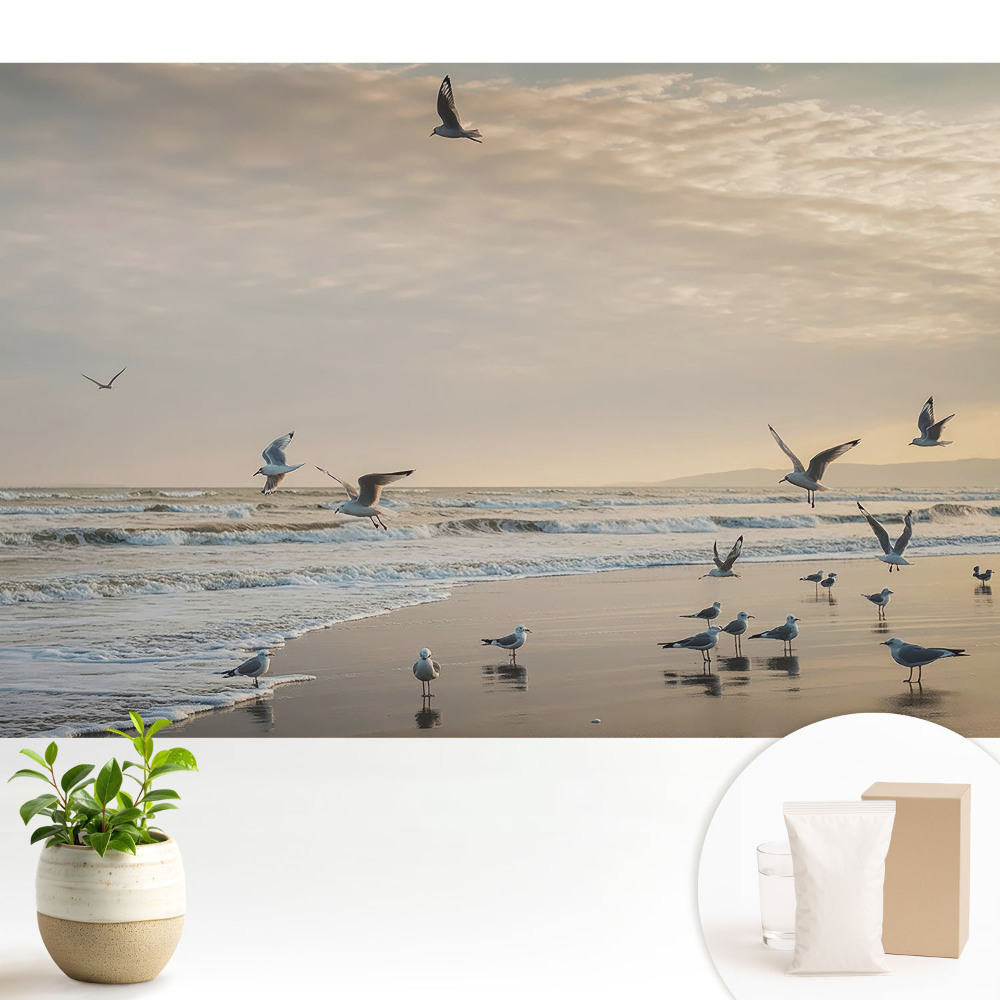 Pescăruși pe malul mării la apus