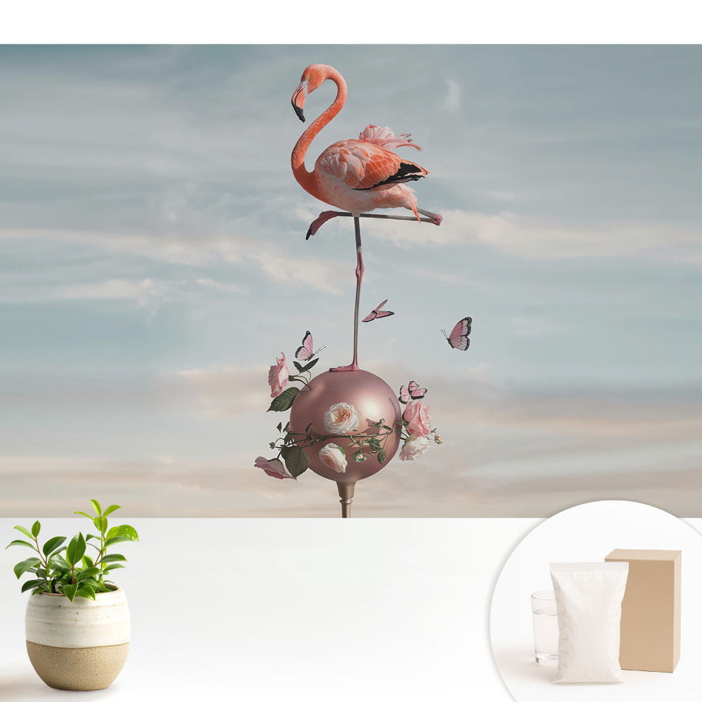 Flamingo cu flori și fluturi