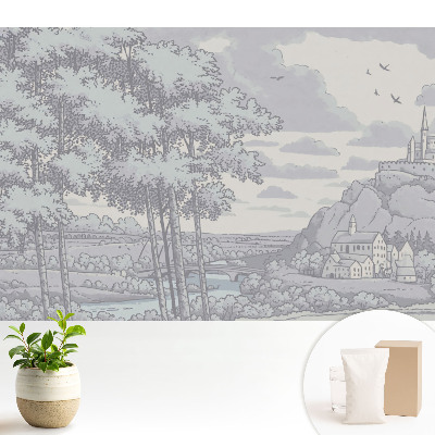 Castel, pădure, râu, ilustrație clasică