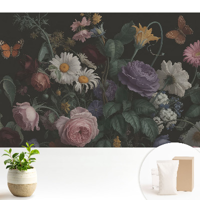 Buchet floral cu fluturi pe fundal închis