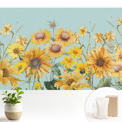 Floarea-soarelui rustică și flori pe albastru