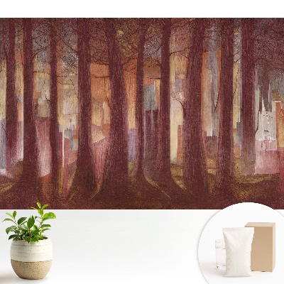 O pădure cu clădiri abstracte în fundal