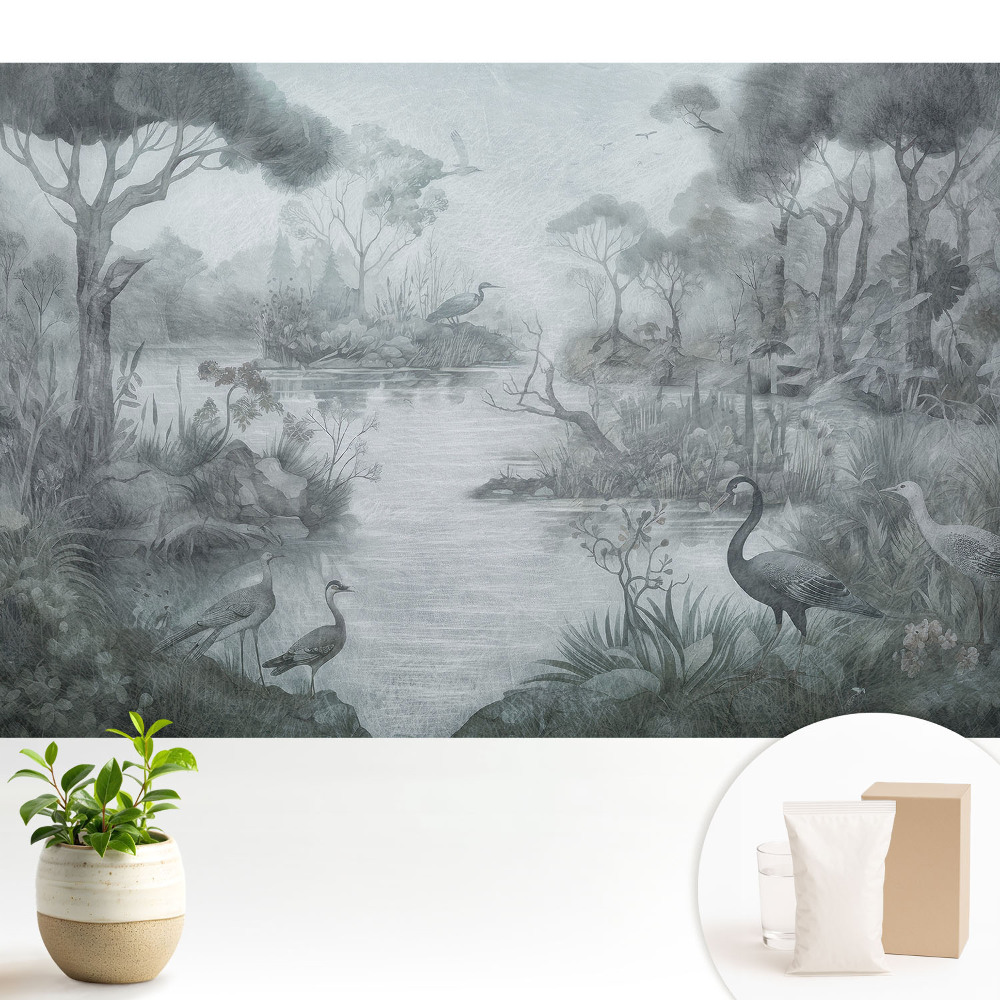 Peisaj misterios de pădure lângă lac