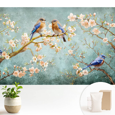 Păsări pe ramuri înflorite model pastel