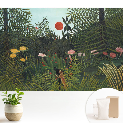 Junglă tropicală cu un soare roșu