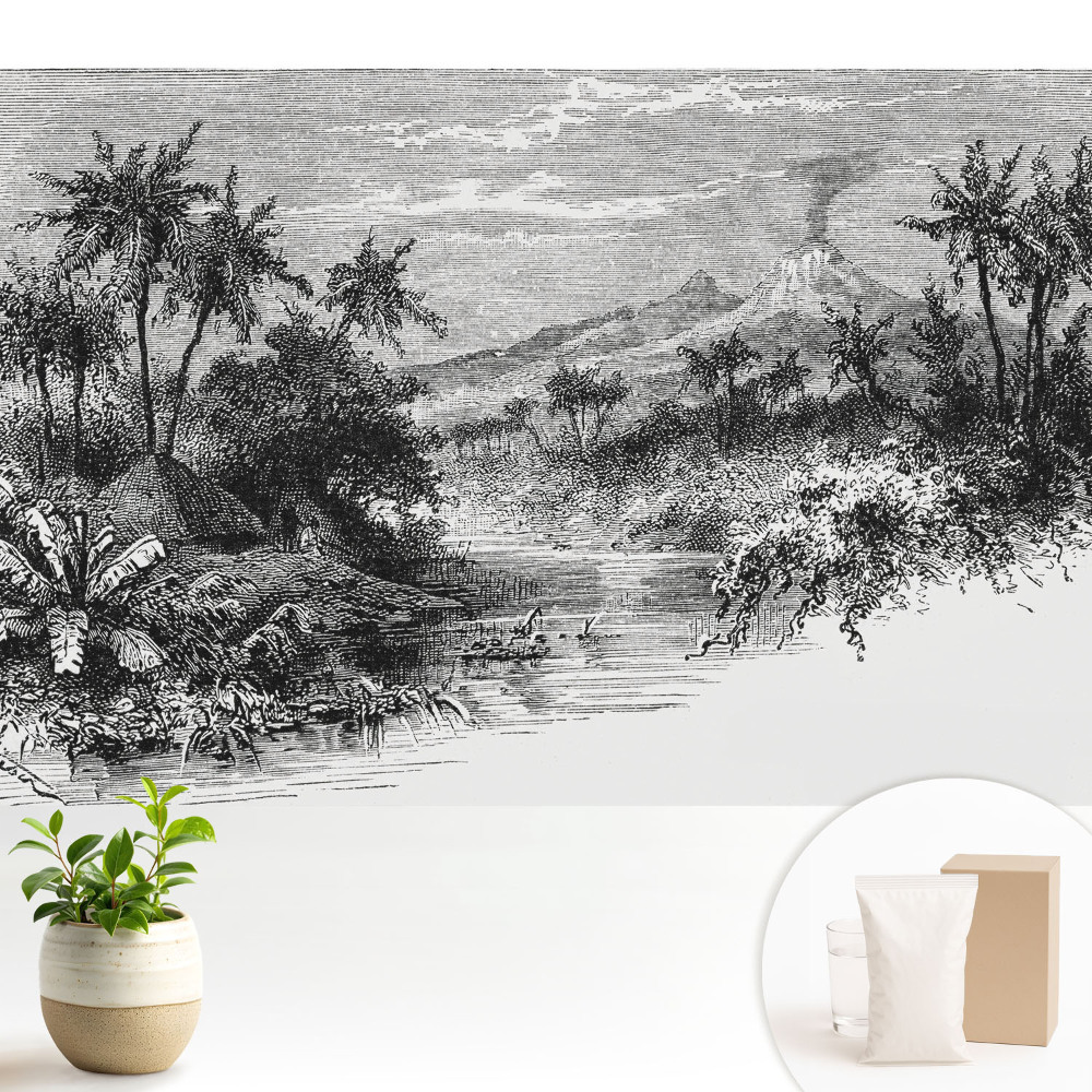 Gravură tropicală cu un vulcan