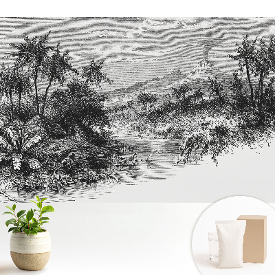 Gravură tropicală cu un vulcan