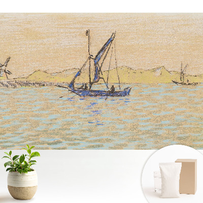 Peisaj pastel cu moară de vânt și barcă