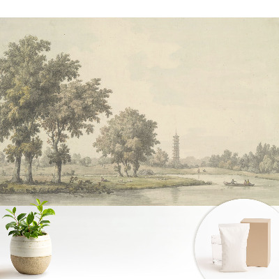 Un peisaj pitoresc cu o pagodă și un iaz