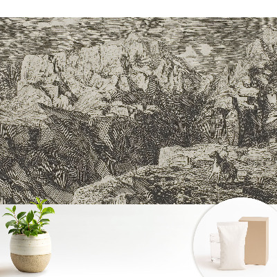 Grafică clasică reprezentând roci brute și o figură cu măgar