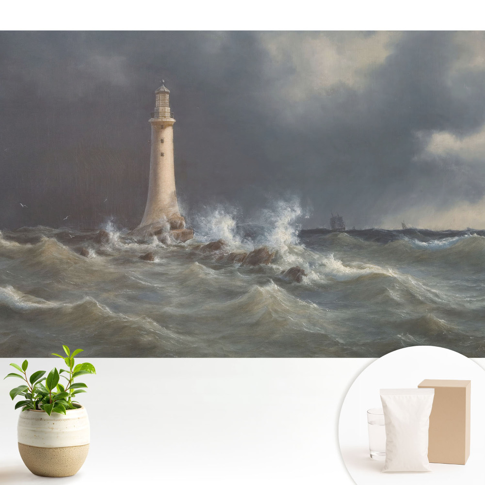 Mare furtunoasă, far, navă în depărtare