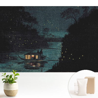 O barcă nocturnă înconjurată de licurici