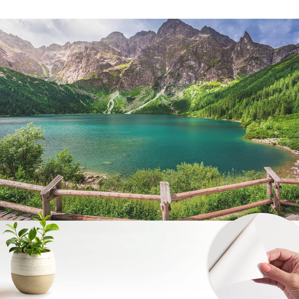 Un lac de munte înconjurat de verdeață