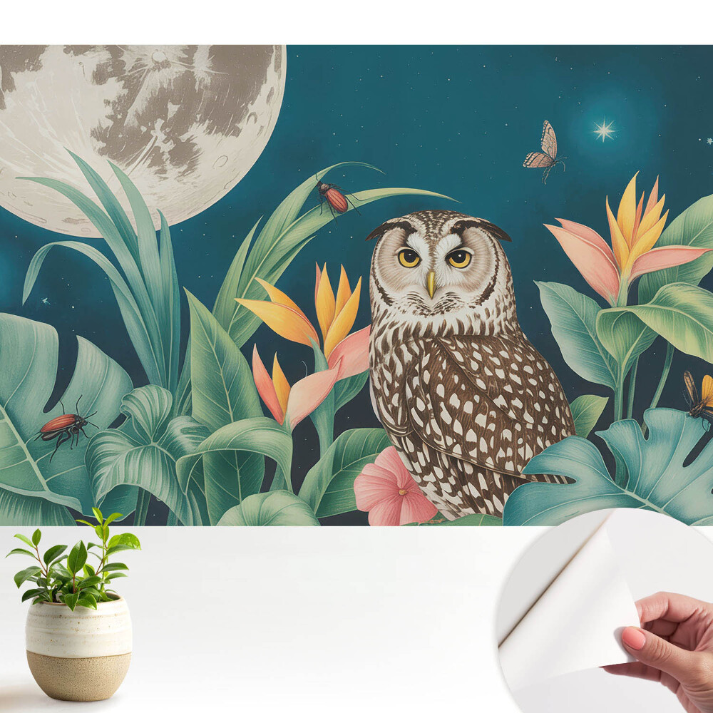 Peisaj nocturn cu o bufniță și lună