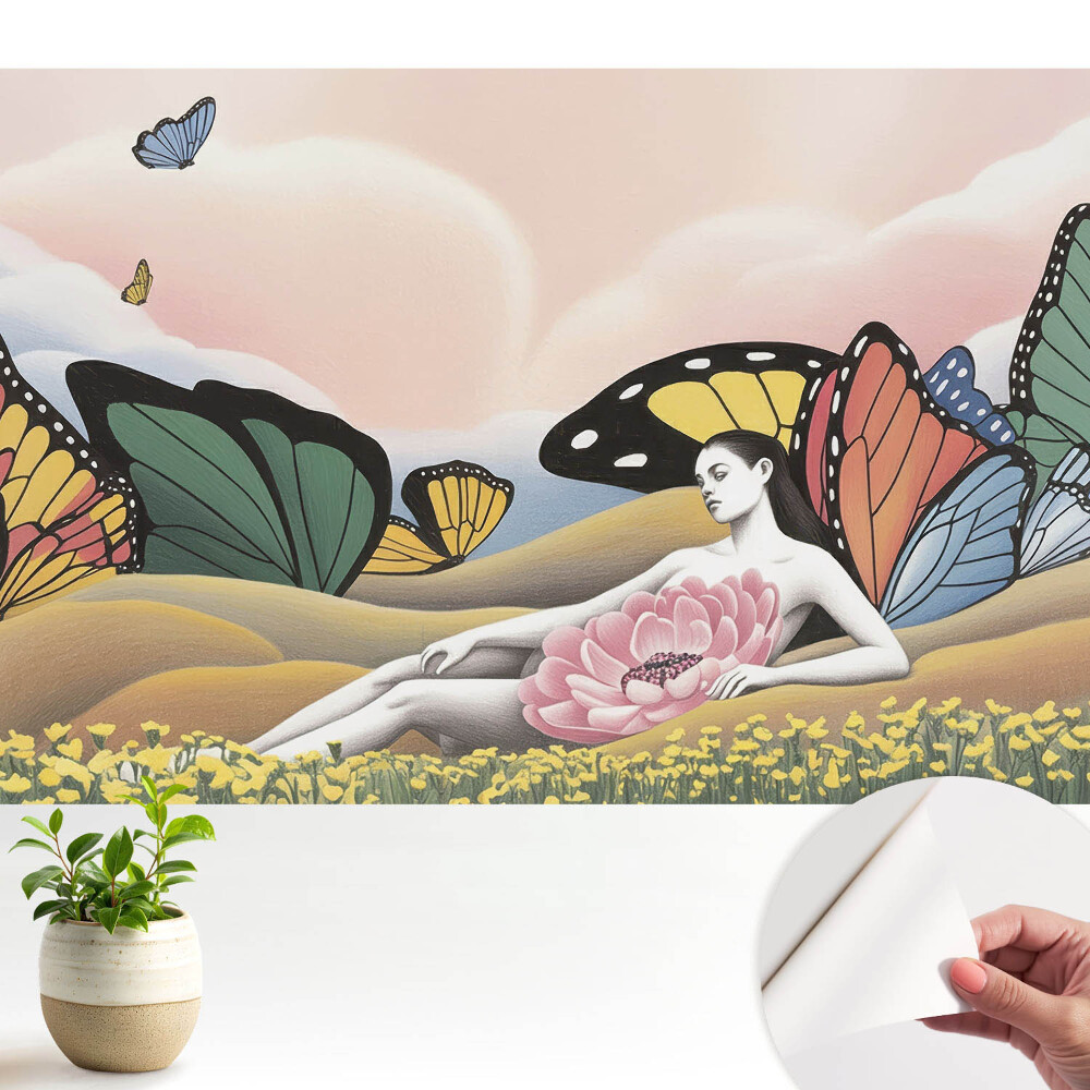 Femeie de luncă cu fluturi colorați