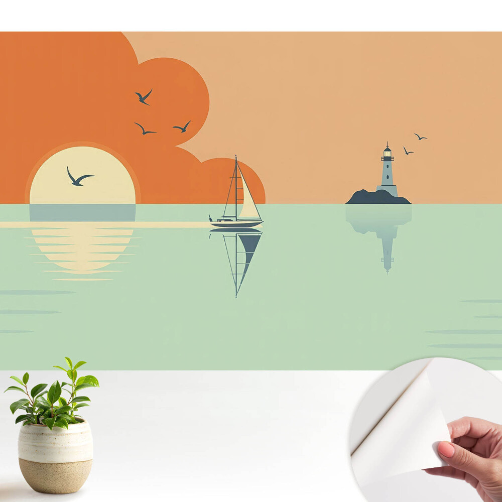 O barcă cu pânze și un far pe fundalul unui răsărit de soare